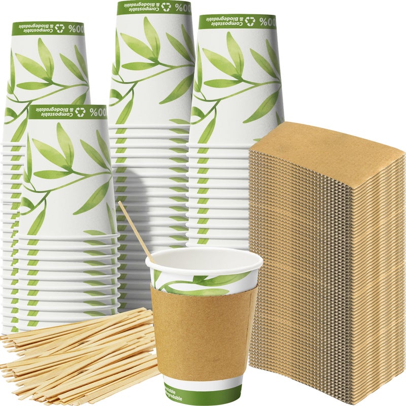 Avant Grub Recyclable Biodegradable Hot Drink Cups 12 Oz 100 Pk of Compostable Paper Mugs, Wood Stirrers and Cardboard Coffee Sleeves. Bulk 12oz Beverage Supplies Set Perfect for Eco Friendly Business or Cafe. - Image 1
